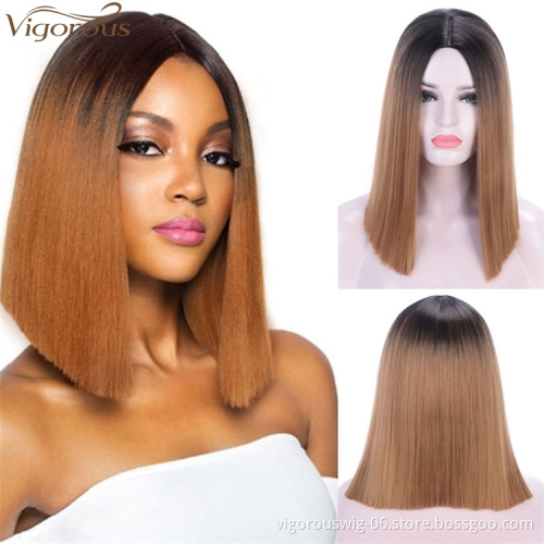Vigorous 14 inches Short Straight Bob Wig 2 Tone Ombre Red Middle Part Heat Resistant Synthetic Cosplay Daily Use For Women